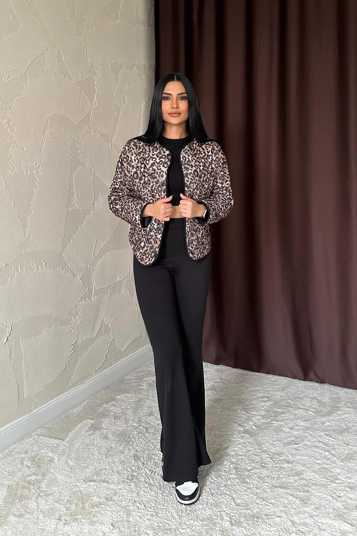 Toptan Leopar Leopar Desenli Kapitone Ceket