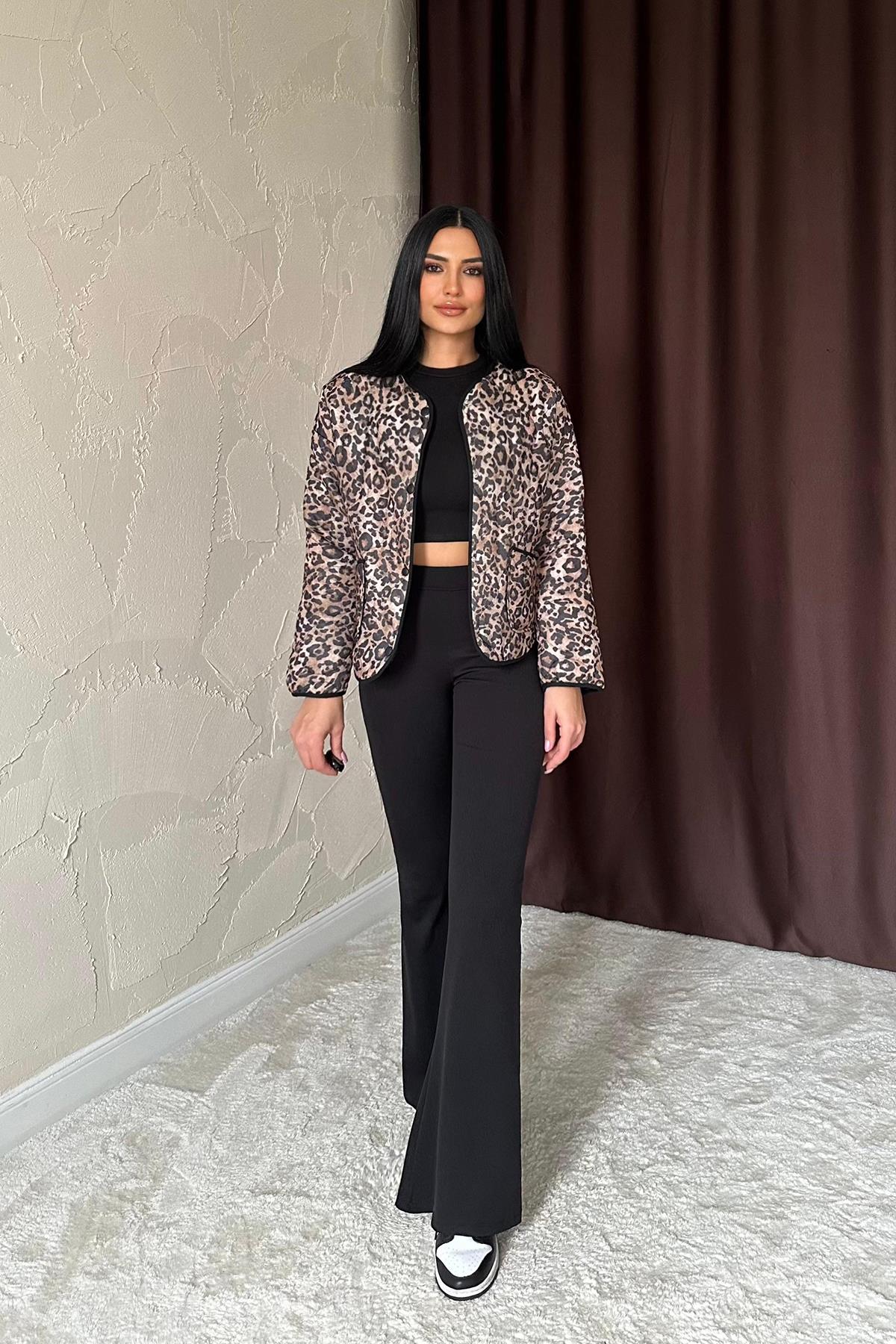 Toptan Leopar Leopar Desenli Kapitone Ceket Leopar M