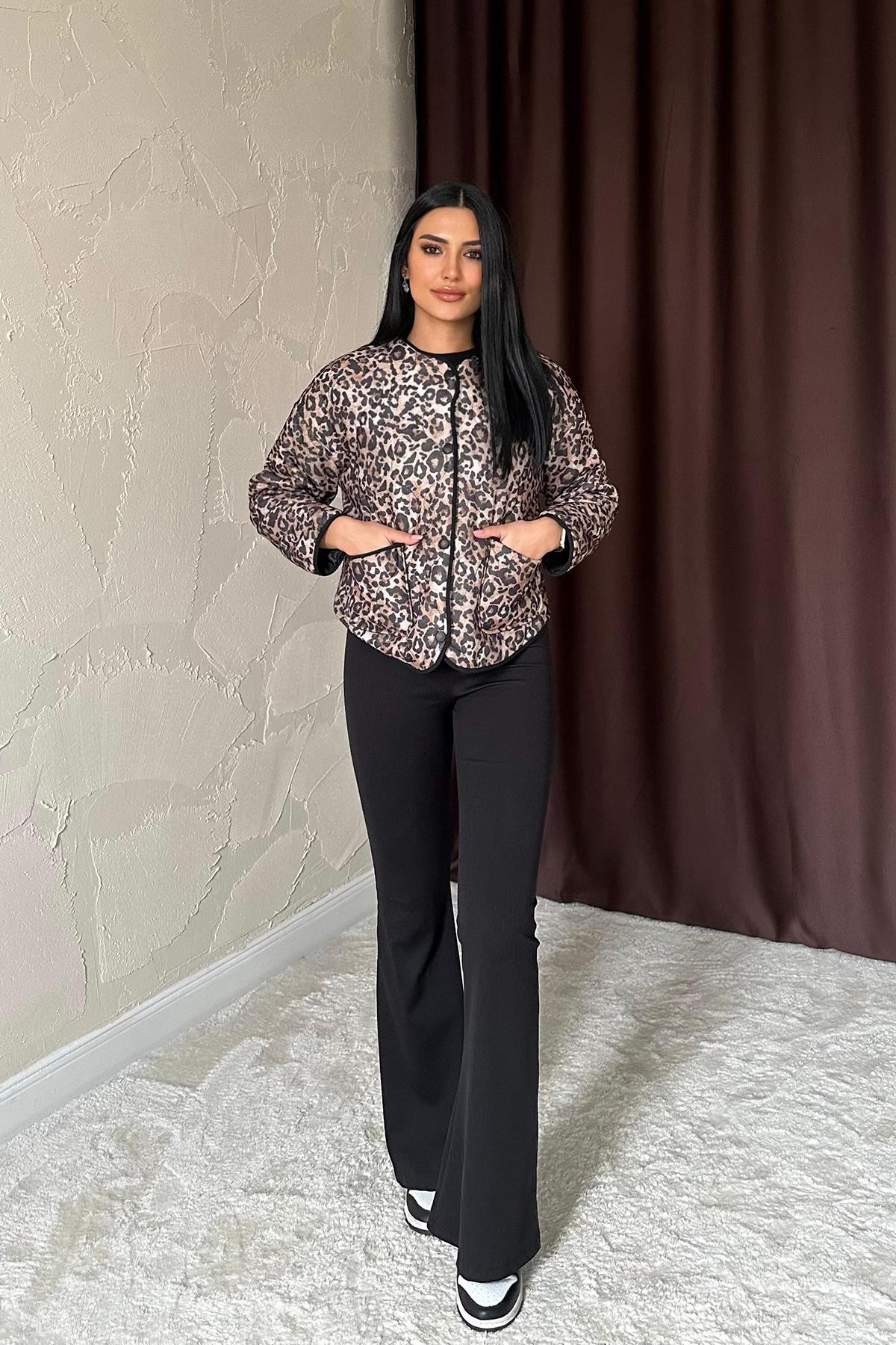 Toptan Leopar Leopar Desenli Kapitone Ceket