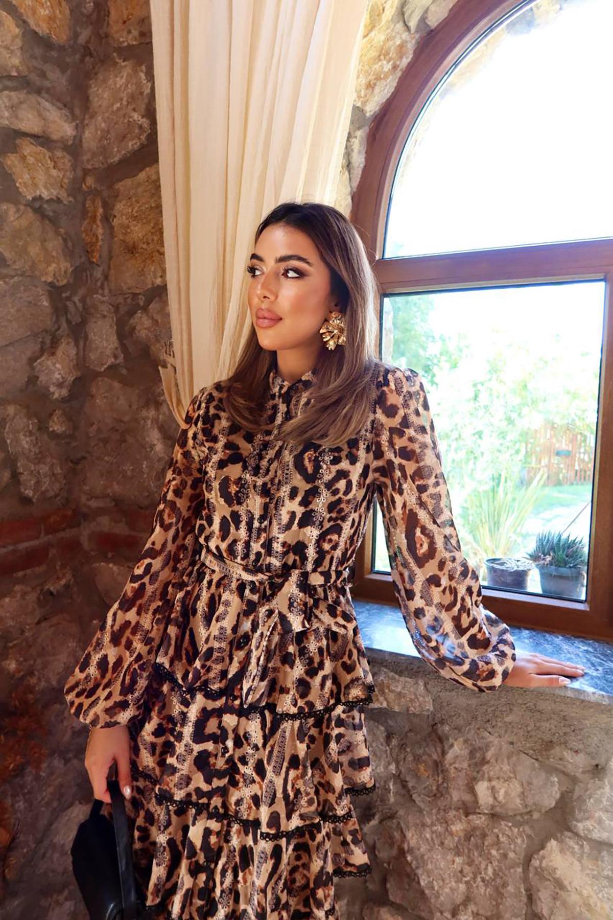 Toptan Leopar Volanlı Şeritli Uzun Elbise