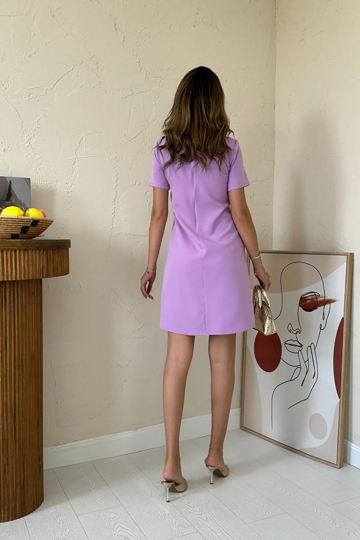 Toptan Lila Kısa Kol Atlas Mini Elbise