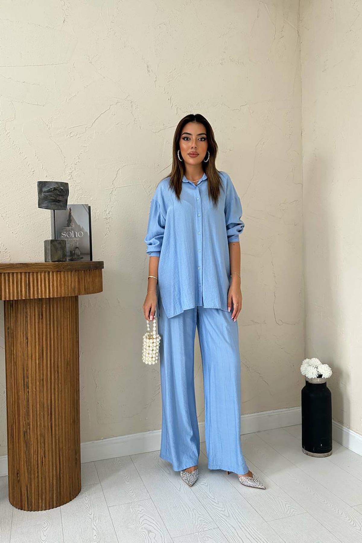 Toptan Mavi Alice Gömlek Ve Bol Kesim Pantolon Takım