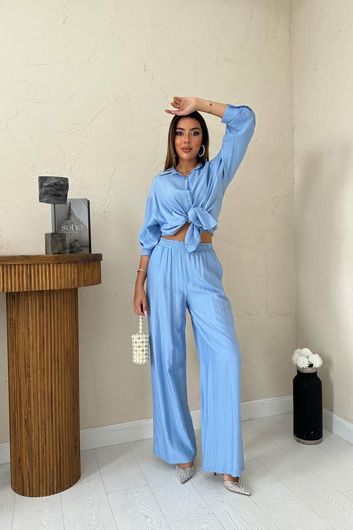 Toptan Mavi Alice Gömlek Ve Bol Kesim Pantolon Takım Mavi L