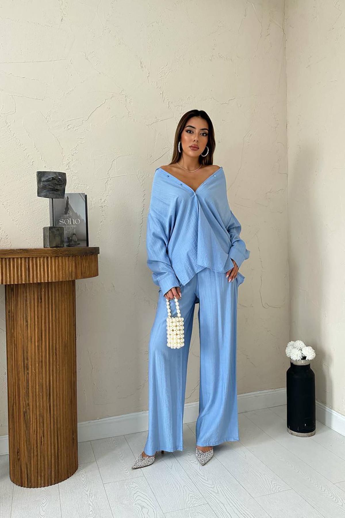 Toptan Mavi Alice Gömlek Ve Bol Kesim Pantolon Takım