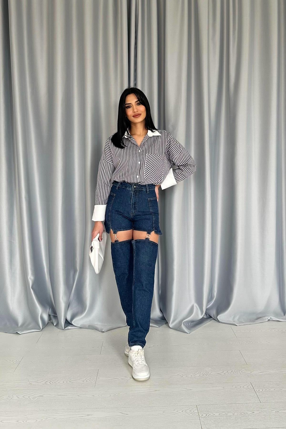 Toptan Mavi Askılı İki Parça Jeans Pantolon