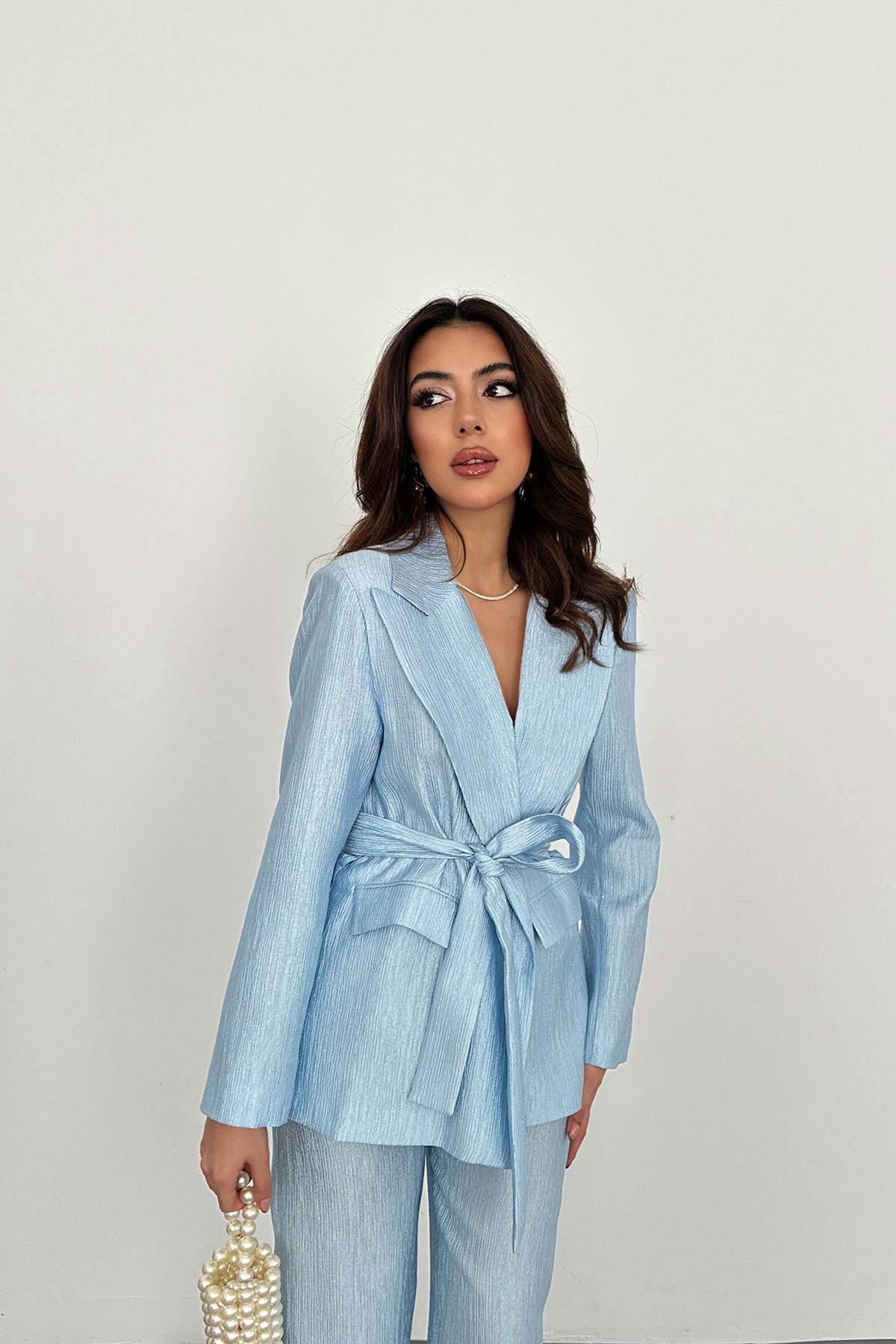 Toptan Mavi Beli Kuşaklı Ceket Ve Pantolon Parlak Takım