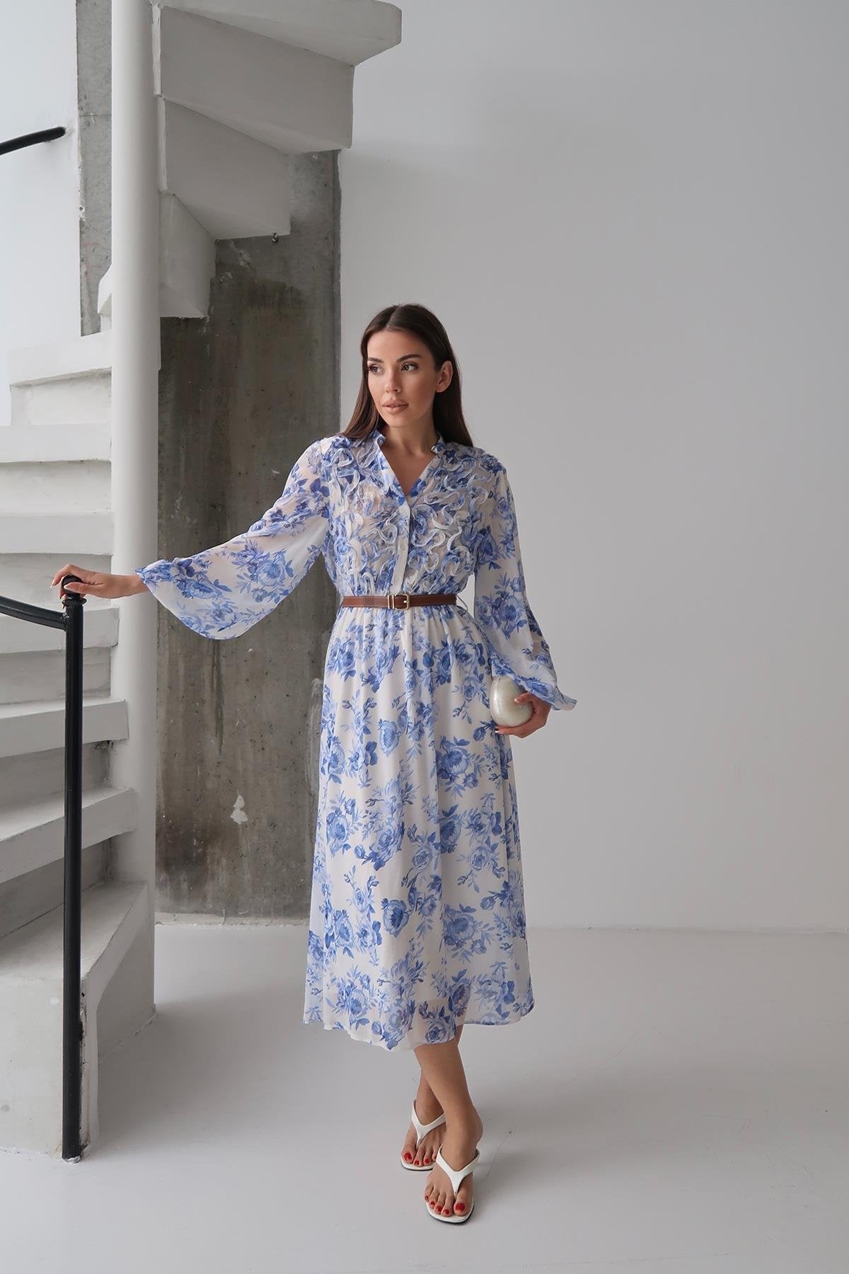 Toptan Mavi Biye Detaylı Elbise Mavi L