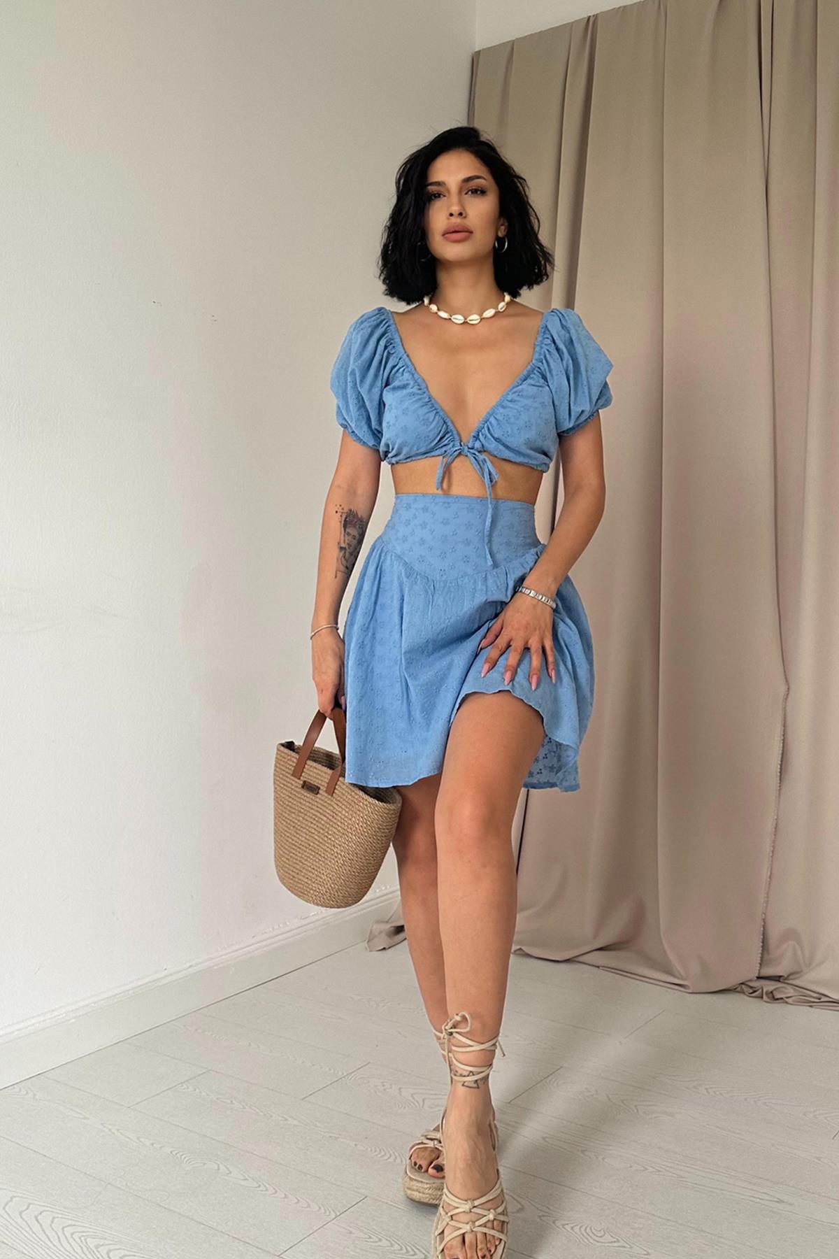 Toptan Mavi Brode Crop Ve Mini Etek Takım Mavi L