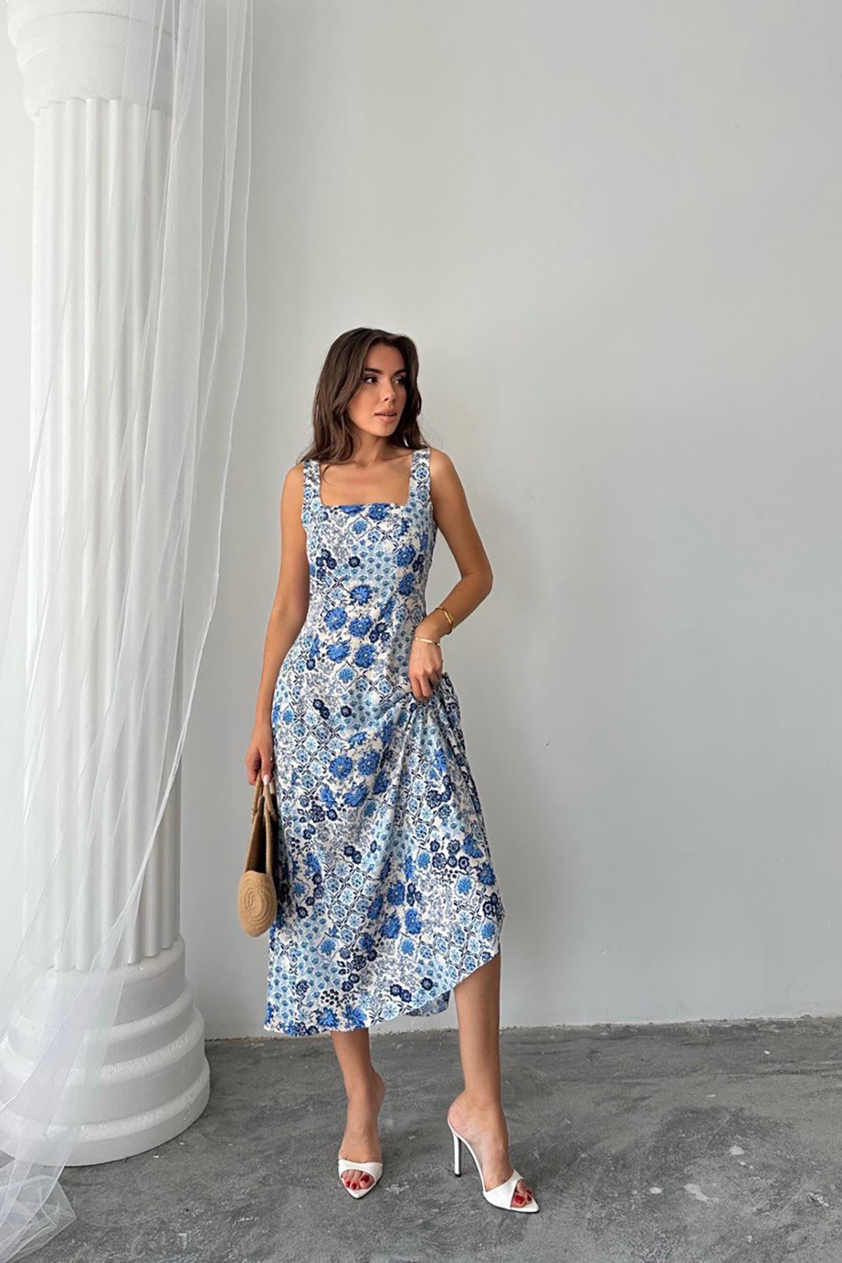 Toptan Mavi Çiçekli Viskon Elbise