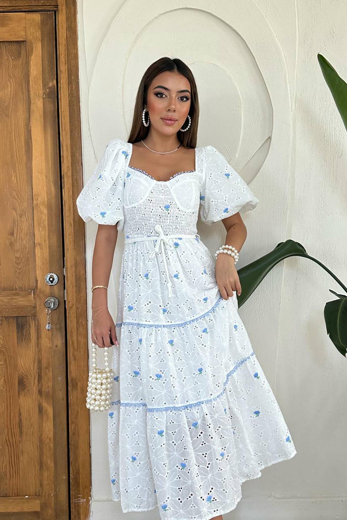 Toptan Mavi Dantel Detaylı Brode Elbise