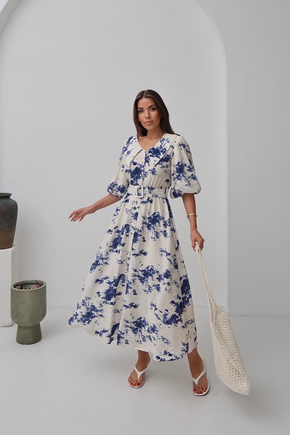 Toptan Mavi Desenli Kemerli Elbise Mavi L