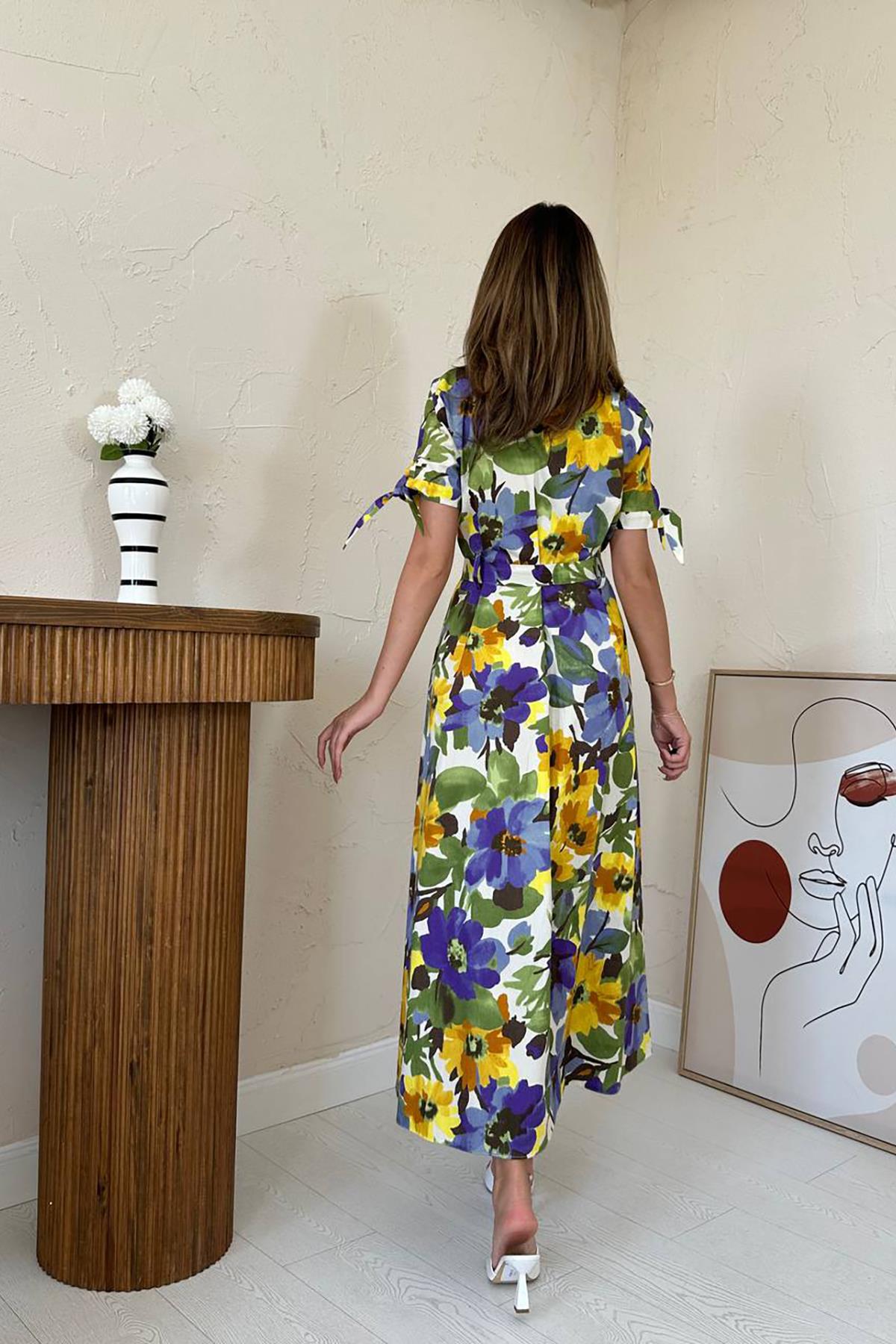 Toptan Mavi Desenli Uzun Pileli Elbise