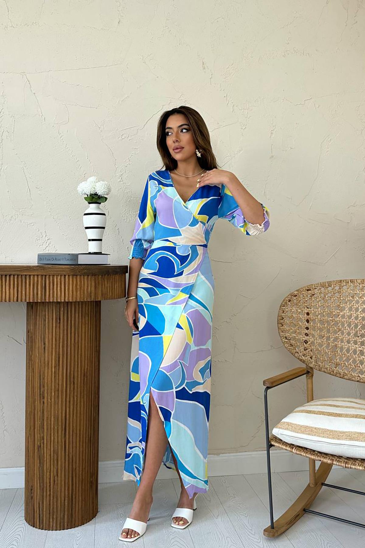 Toptan Mavi Desenli Yırtmaçlı Elbise Mavi L