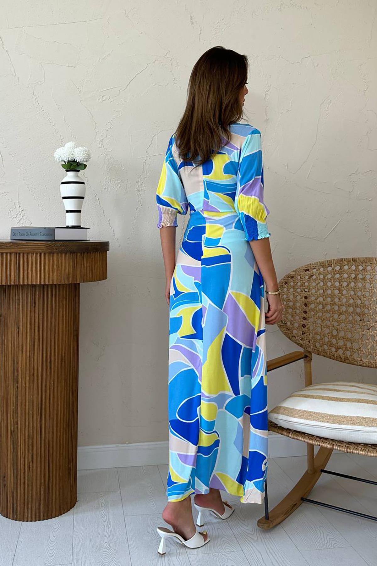 Toptan Mavi Desenli Yırtmaçlı Elbise