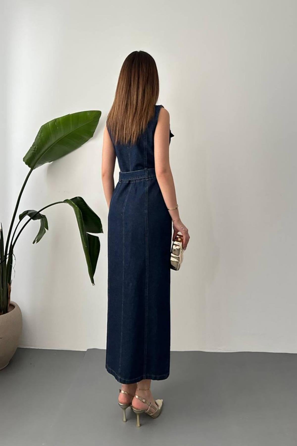 Toptan Mavi Düğmeli Kot Elbise