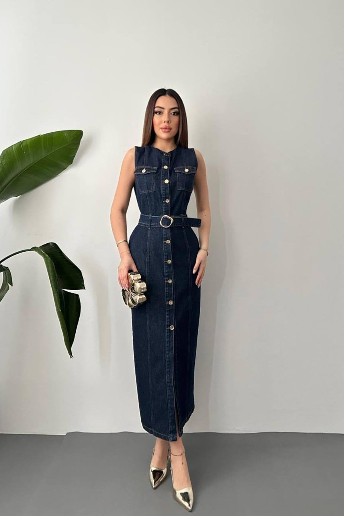 Toptan Mavi Düğmeli Kot Elbise Mavi L