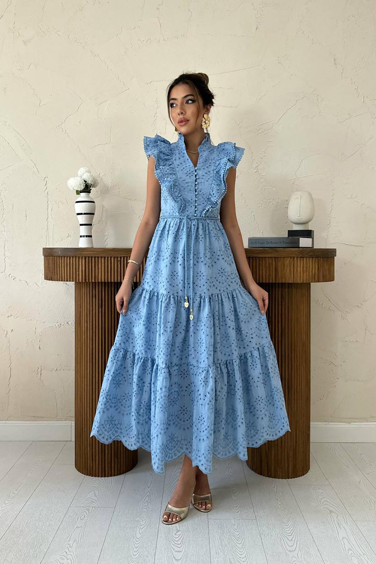 Toptan Mavi Fırfırlı Düğmeli Elbise