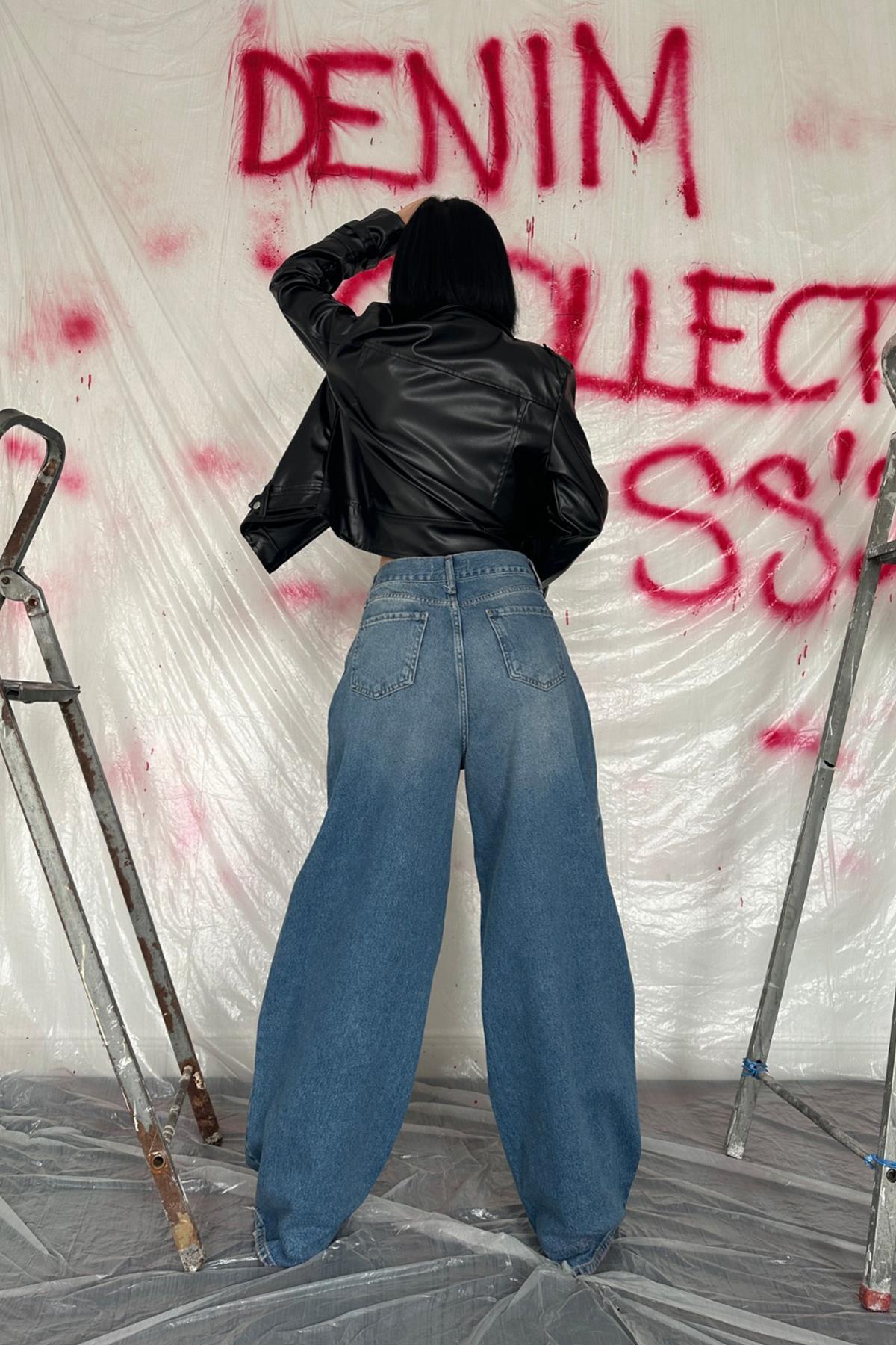 Toptan Mavi Geniş Paça Jeans Pantolon