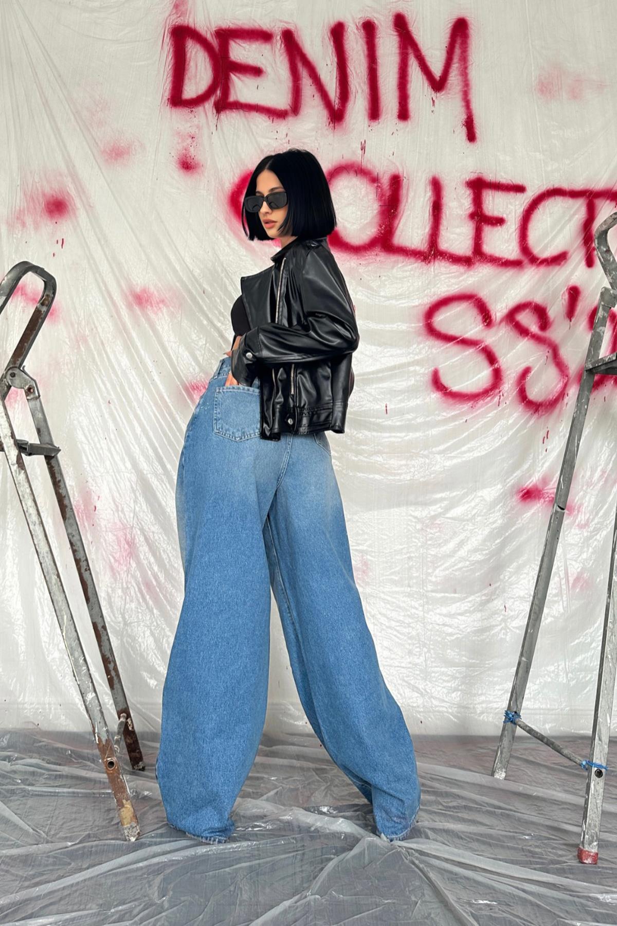 Toptan Mavi Geniş Paça Jeans Pantolon