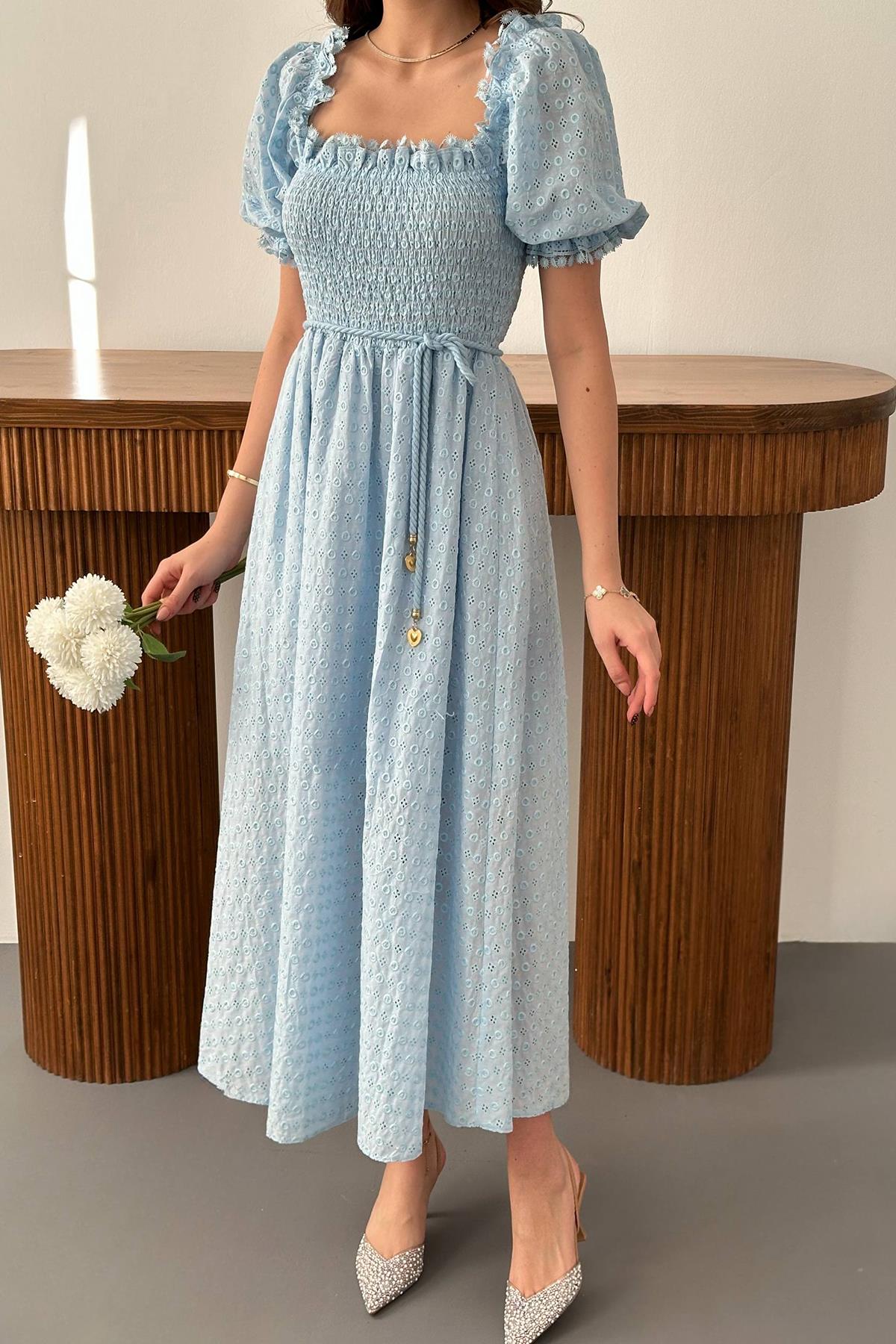 Toptan Mavi Gipeli Brode Elbise