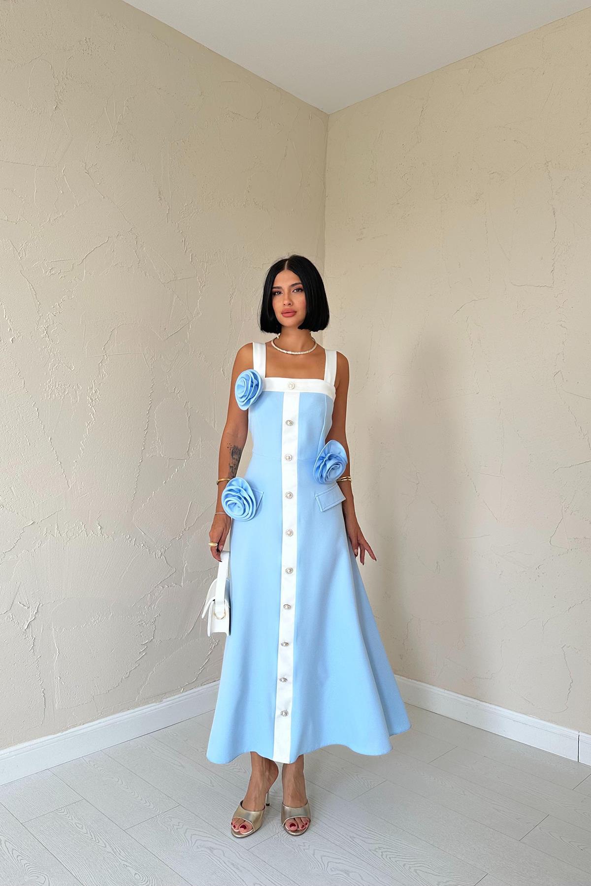 Toptan Mavi Güllü Askılı Elbise Mavi L