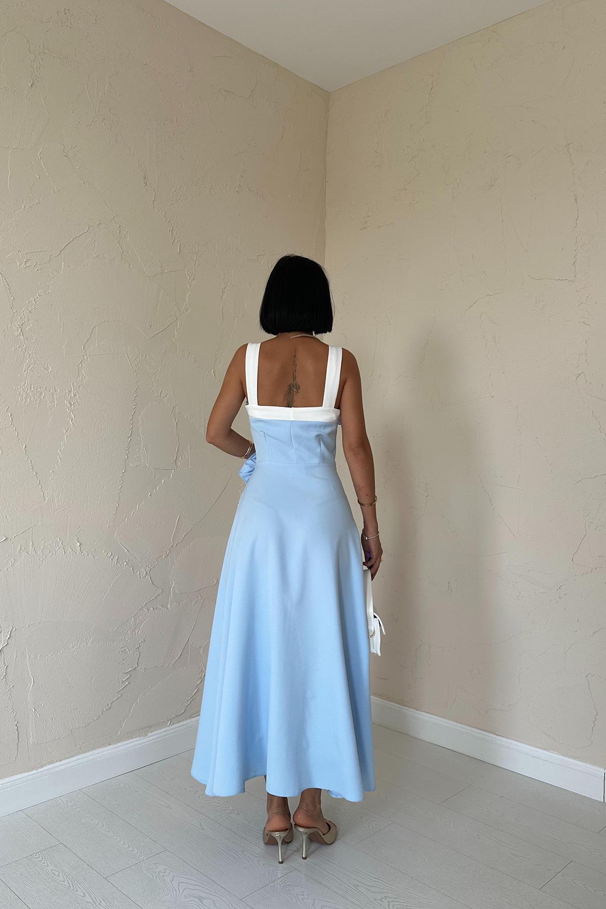 Toptan Mavi Güllü Askılı Elbise