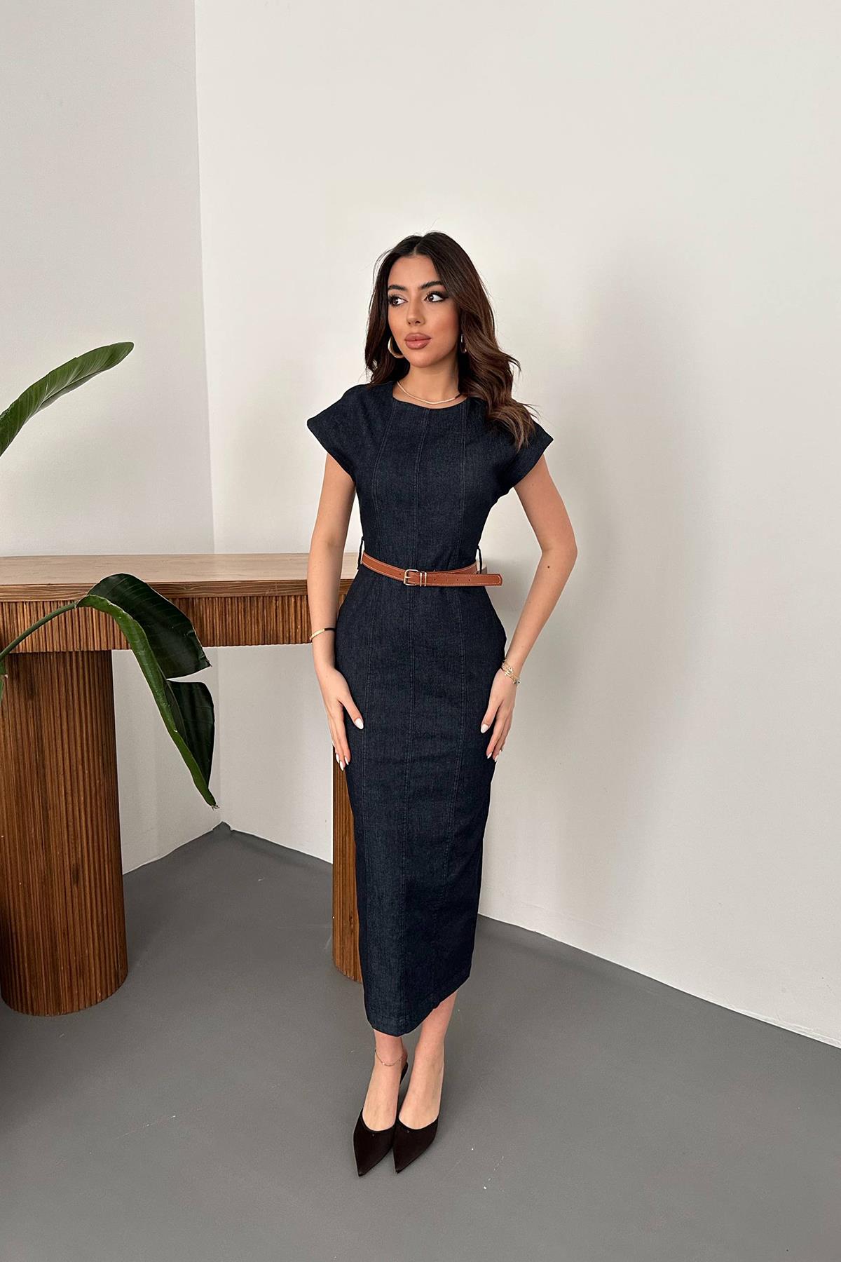 Toptan Mavi İnce Kot Uzun Elbise