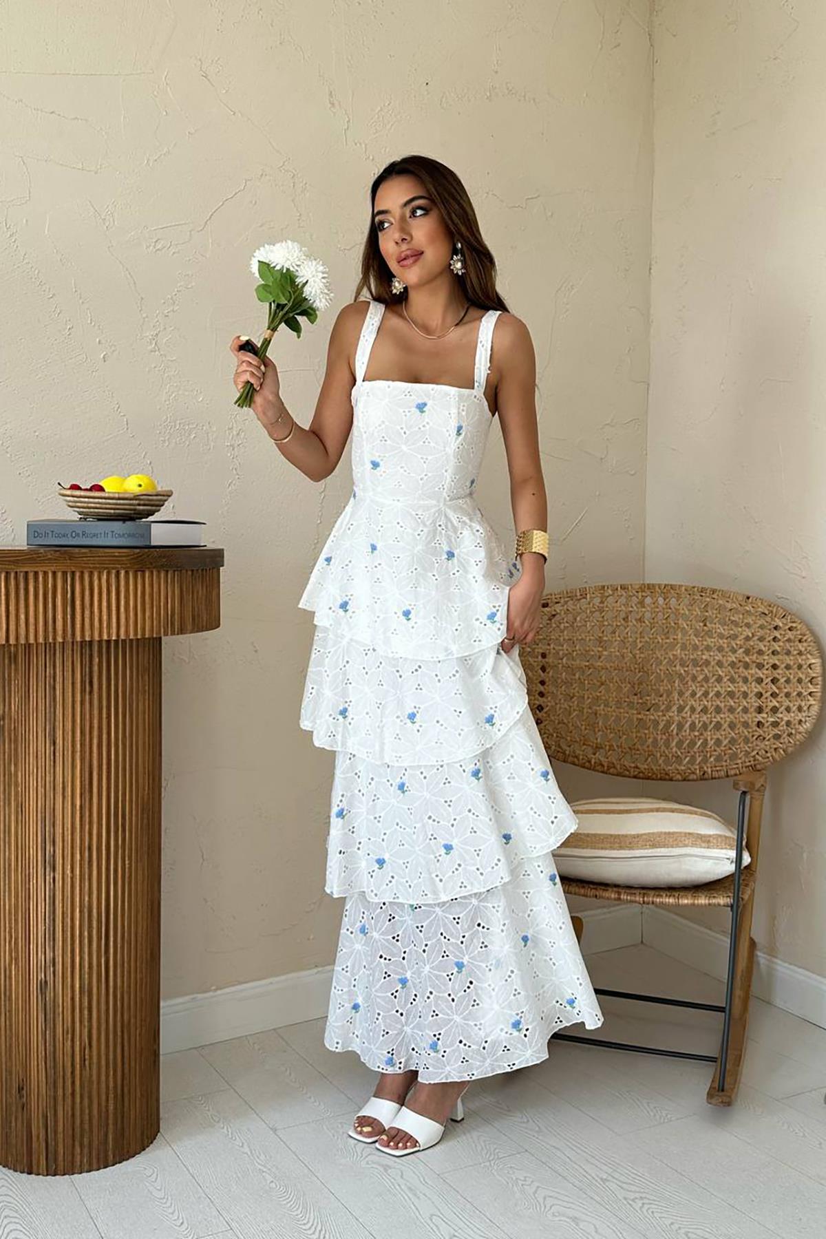 Toptan Mavi Kat Kat Arkası Bağlamalı Elbise Mavi L