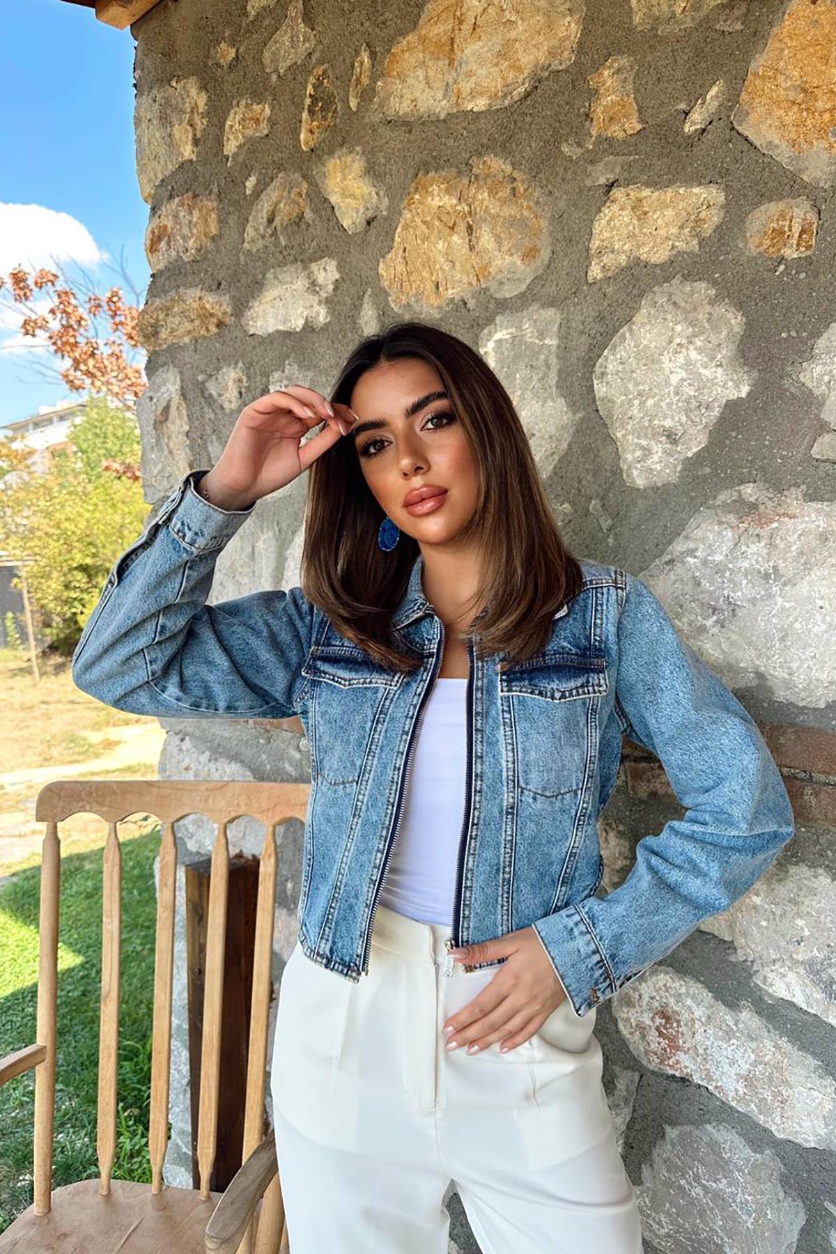 Toptan Mavi Korse Detaylı Kot Ceket Mavi L