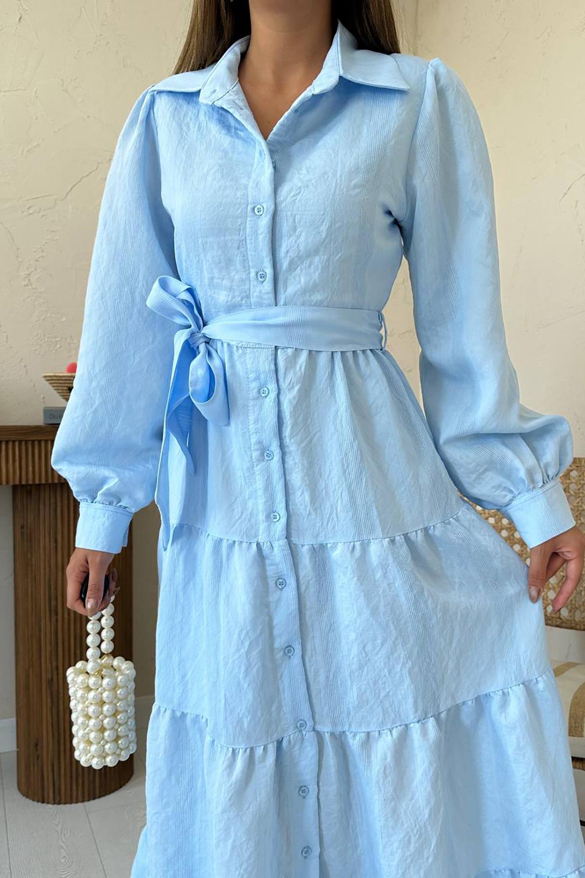 Toptan Mavi Kuşaklı Çizgi Desenli Elbise