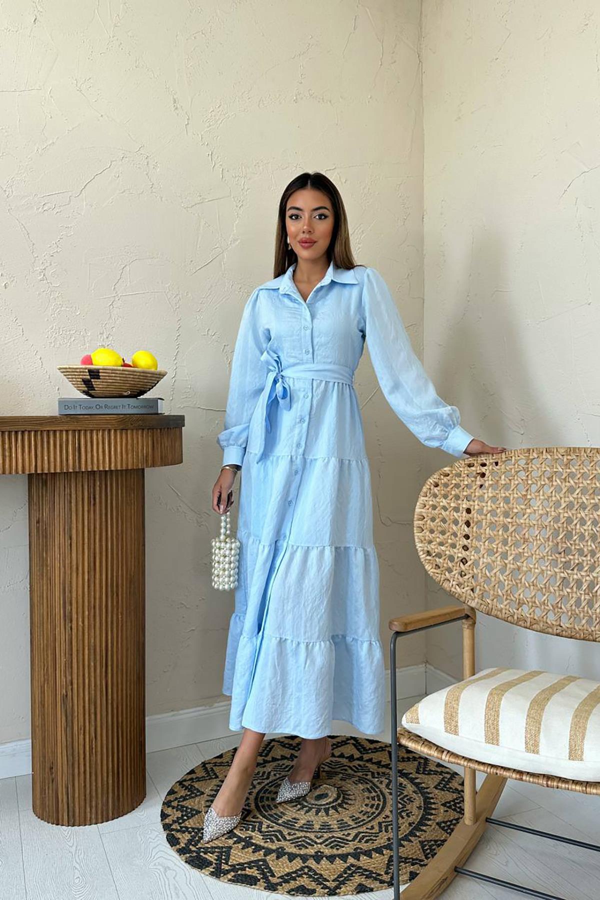 Toptan Mavi Kuşaklı Çizgi Desenli Elbise