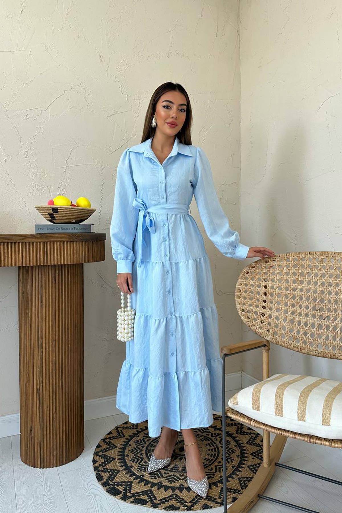 Toptan Mavi Kuşaklı Çizgi Desenli Elbise Mavi L