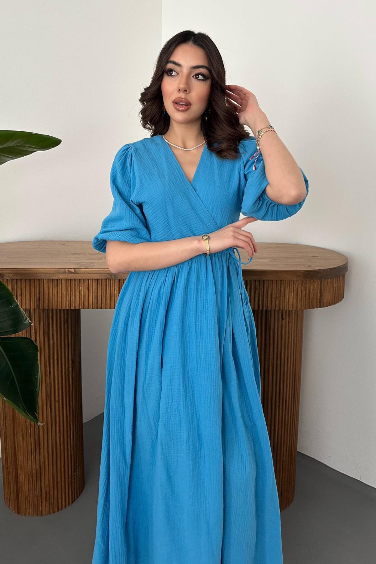 Toptan Mavi Müslin Uzun Elbise