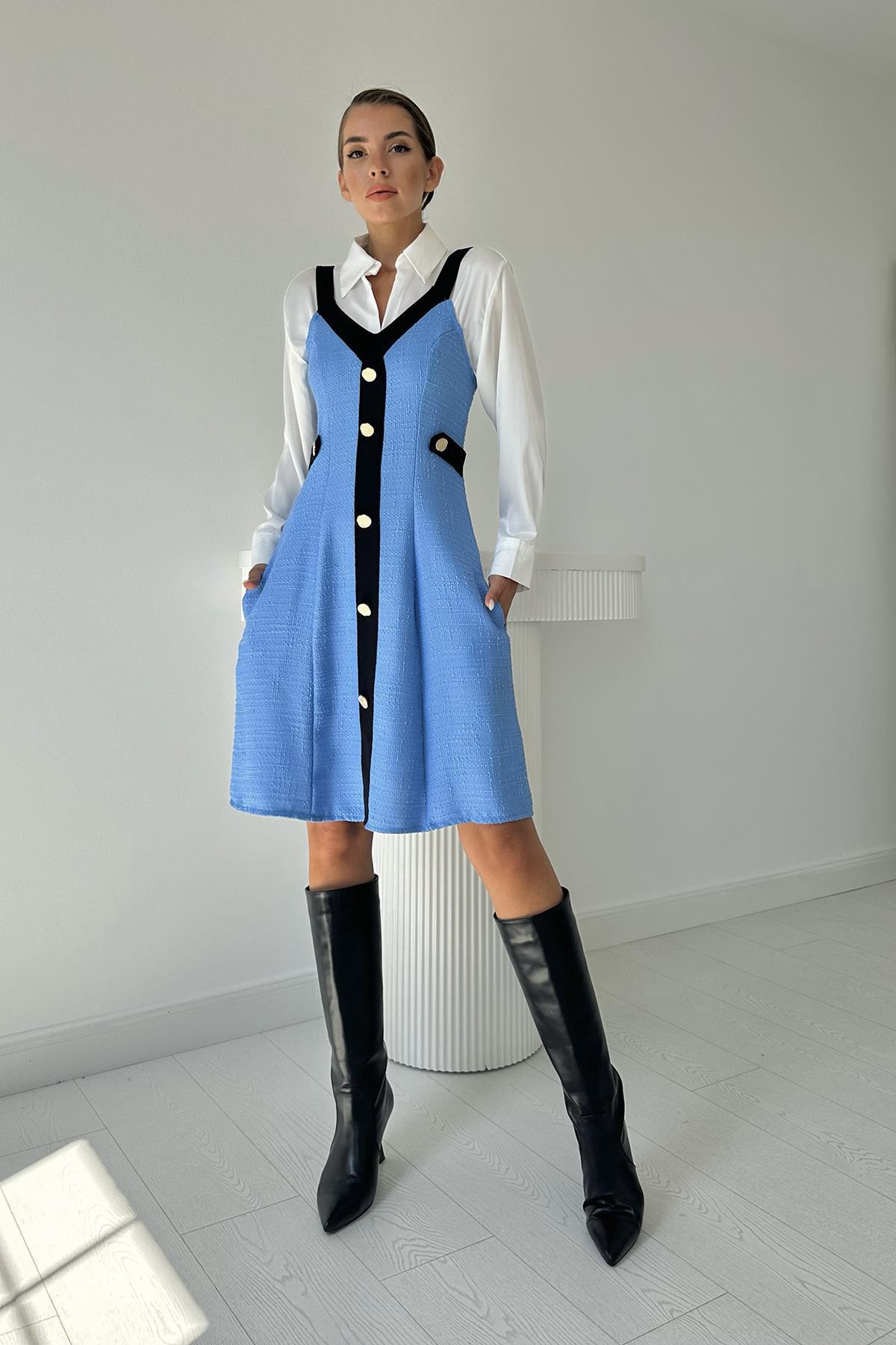 Toptan Mavi Siyah Süs Cepli Askılı Elbise Mavi Siyah L