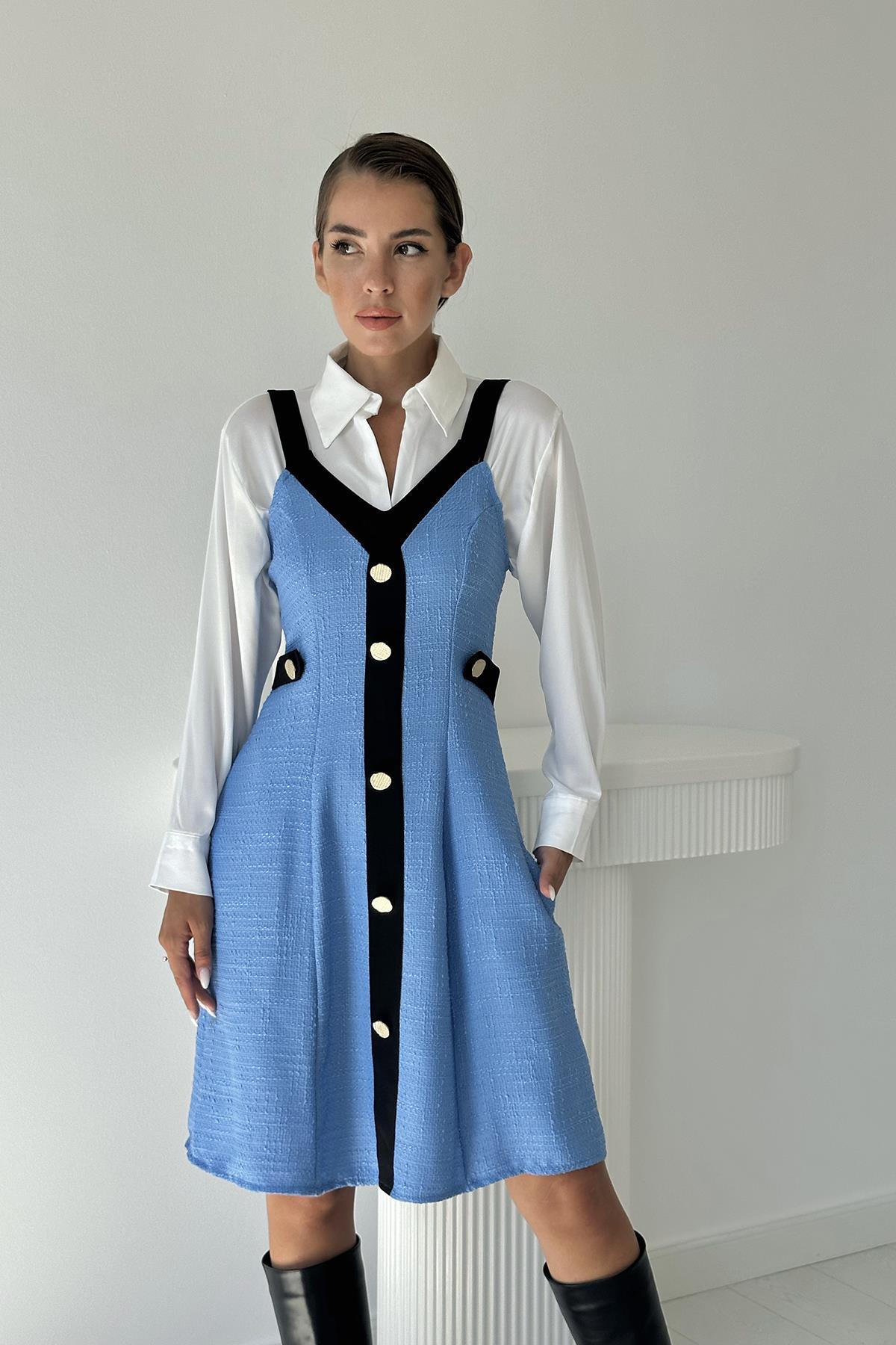 Toptan Mavi Siyah Süs Cepli Askılı Elbise