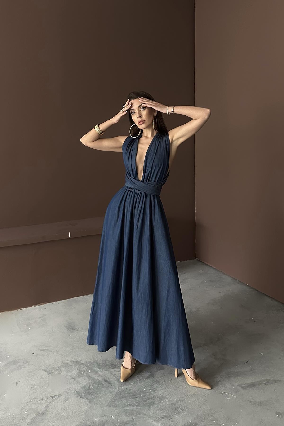 Toptan Mavi Tencel Bağlamalı Elbise Mavi L