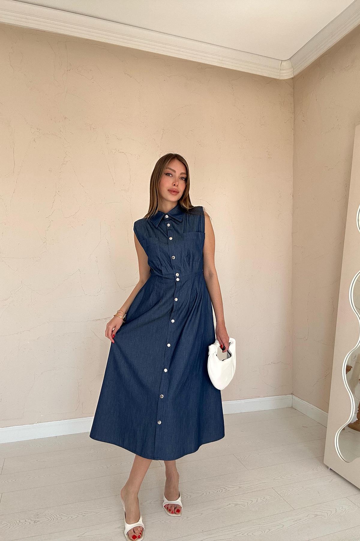 Toptan Mavi Tencel Çıtçıtlı Elbise