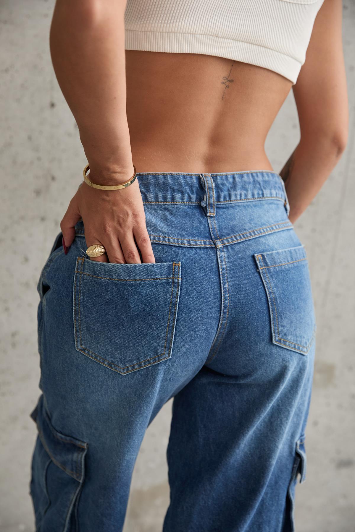 Toptan Mavi Yan Cepli Jeans Pantolon