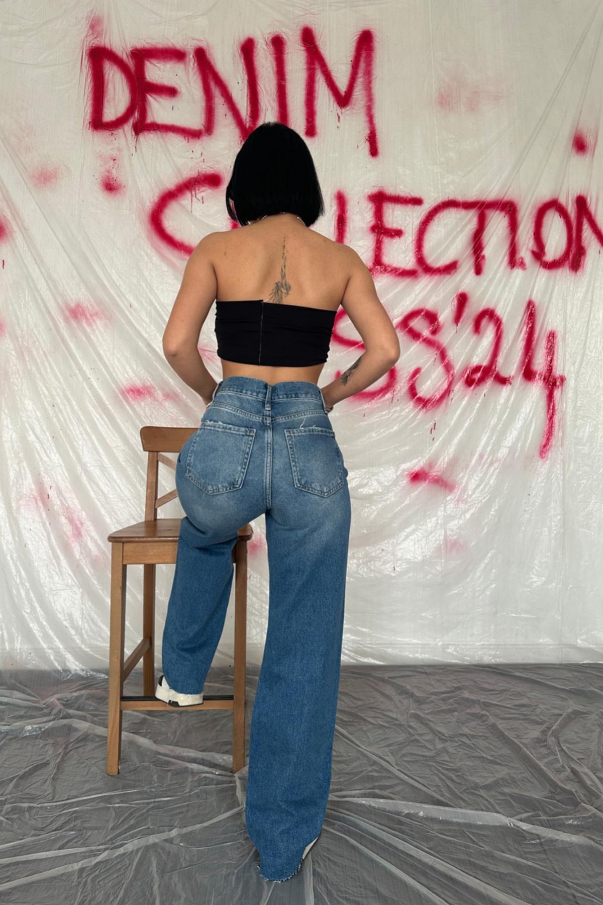 Toptan Mavi Yüksek Bel Ve Geniş Paça Jeans Pantolon
