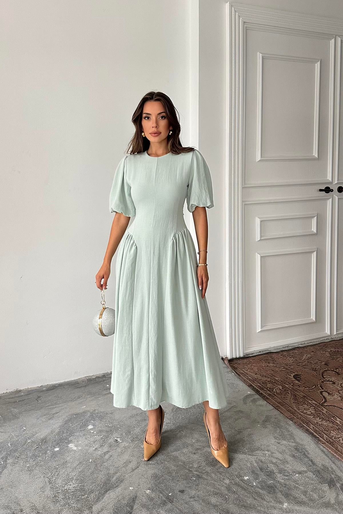 Toptan Mint Arkadan Bağlamalı Büzgülü Keten Elbise