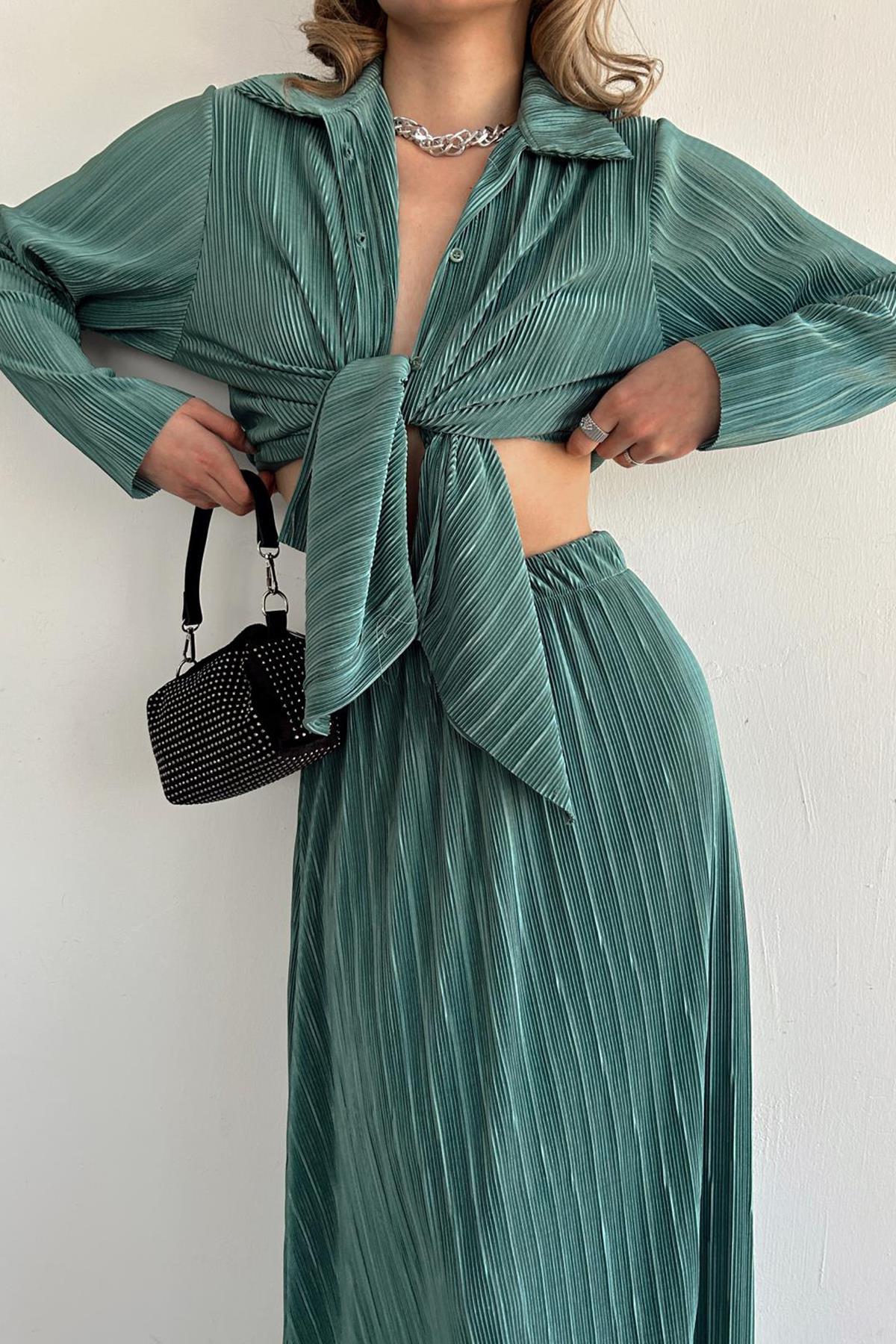 Toptan Mint Fitilli Gömlek Ve Uzun Etek Takım