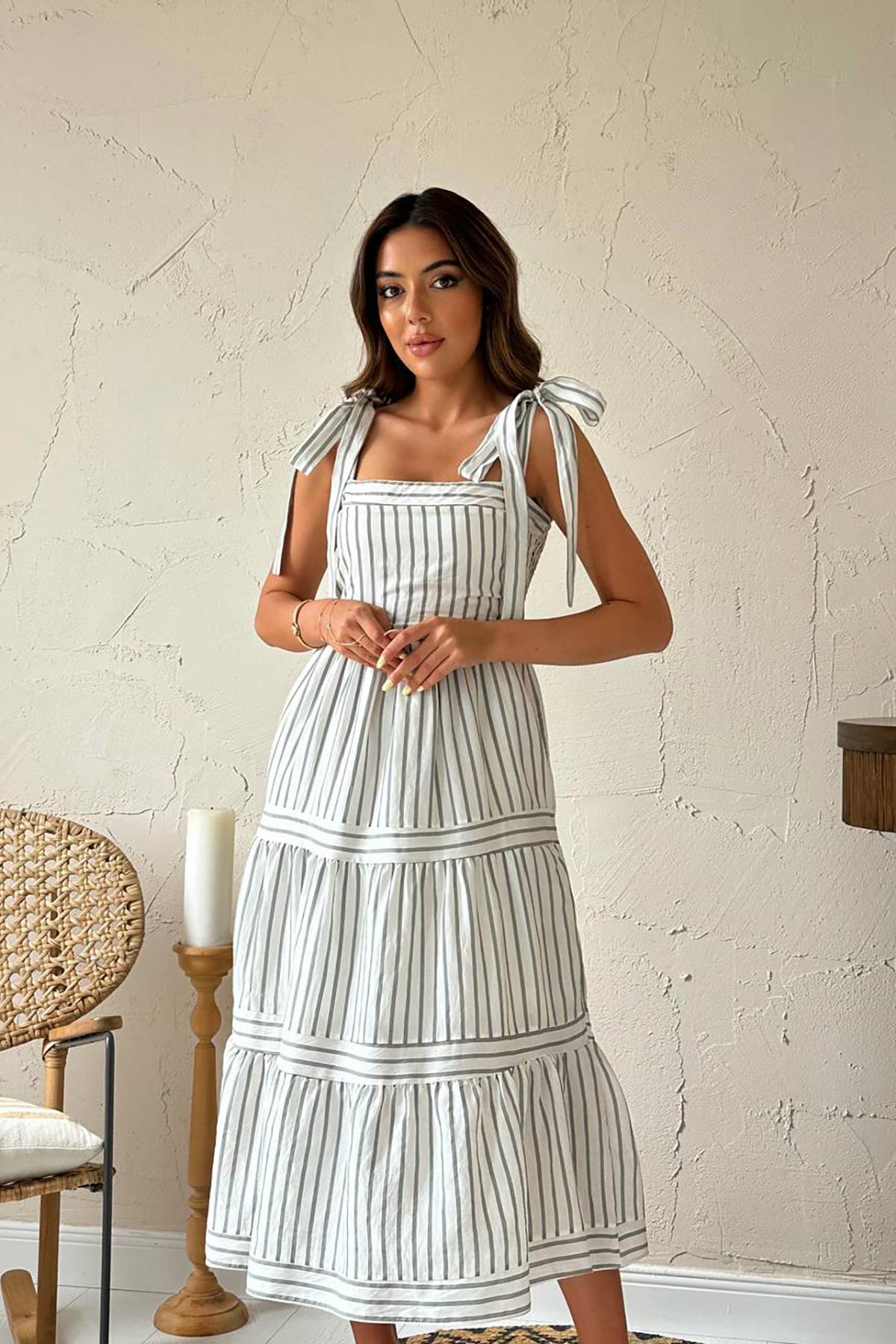 Toptan Mint Omuzdan Bağlamalı Çizgili Elbise