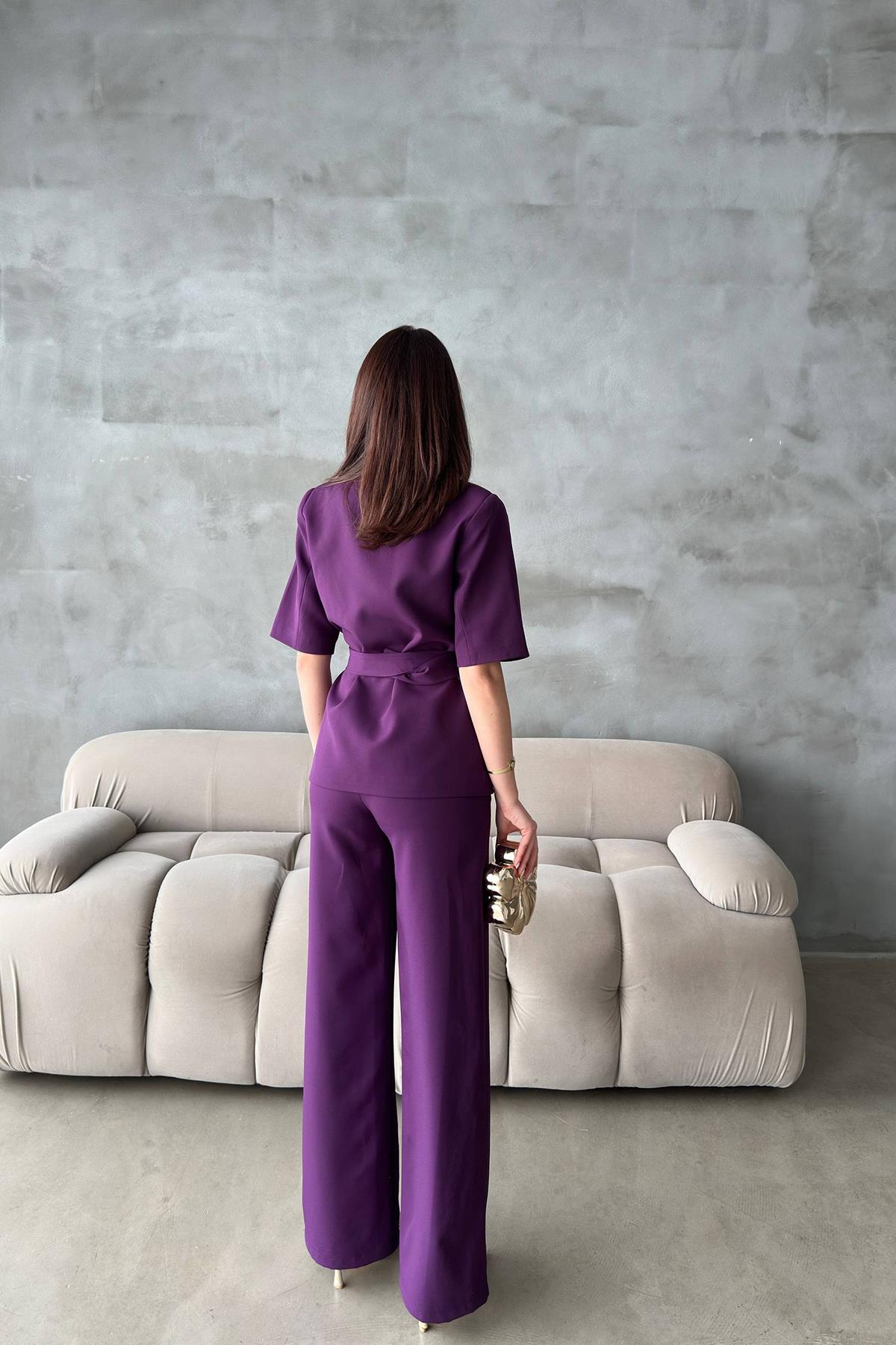 Toptan Mürdüm Kısa Kollu Ceket Pantolon Takım