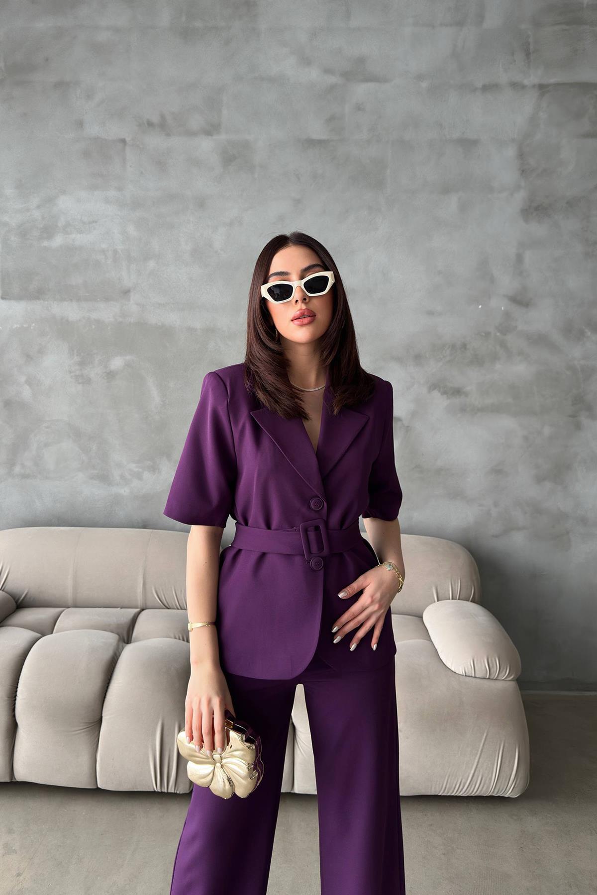 Toptan Mürdüm Kısa Kollu Ceket Pantolon Takım