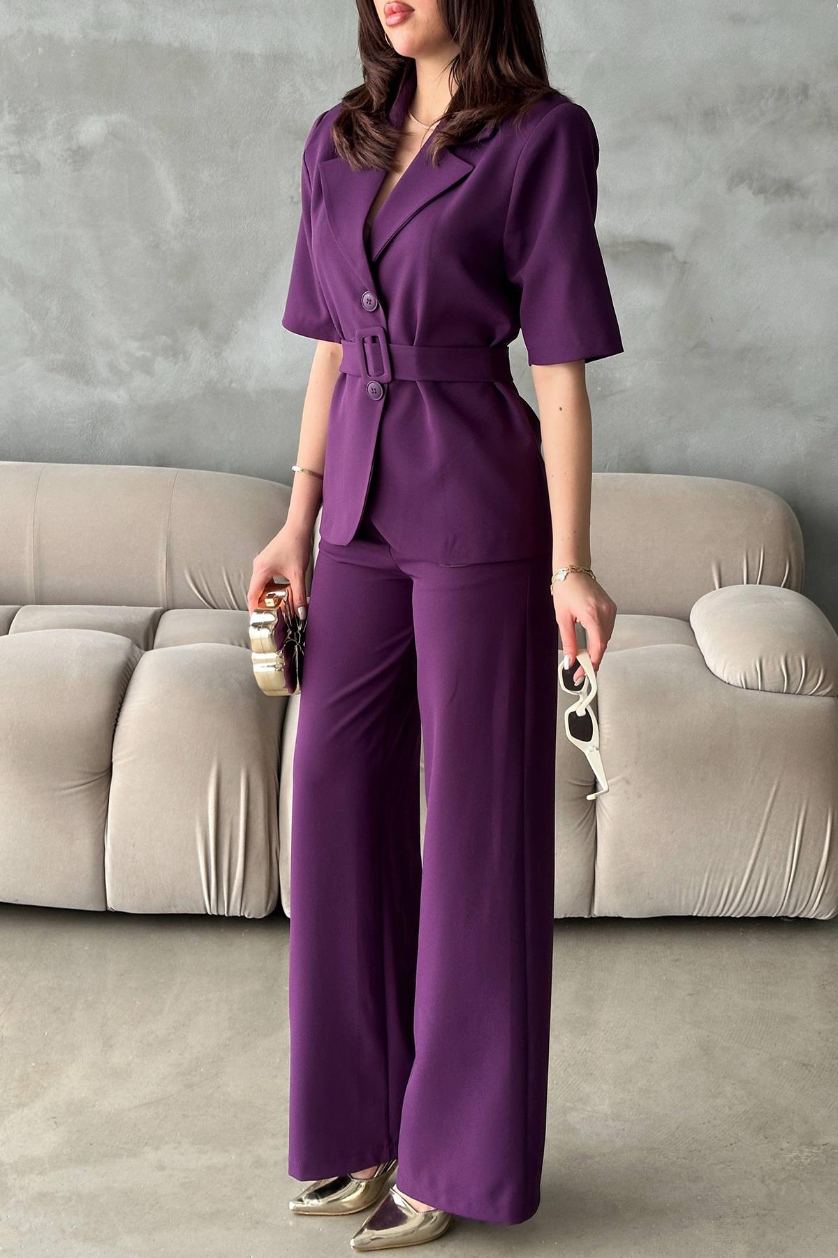 Toptan Mürdüm Kısa Kollu Ceket Pantolon Takım