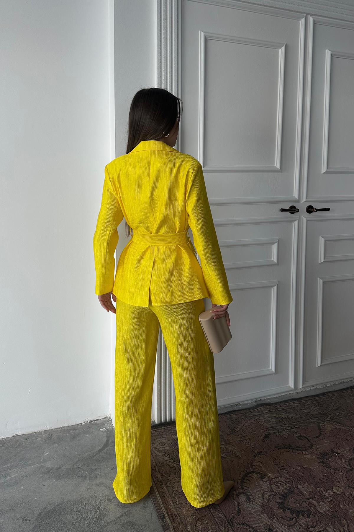 Toptan Neon Beli Kuşaklı Ceket Ve Pantolon Parlak Takım