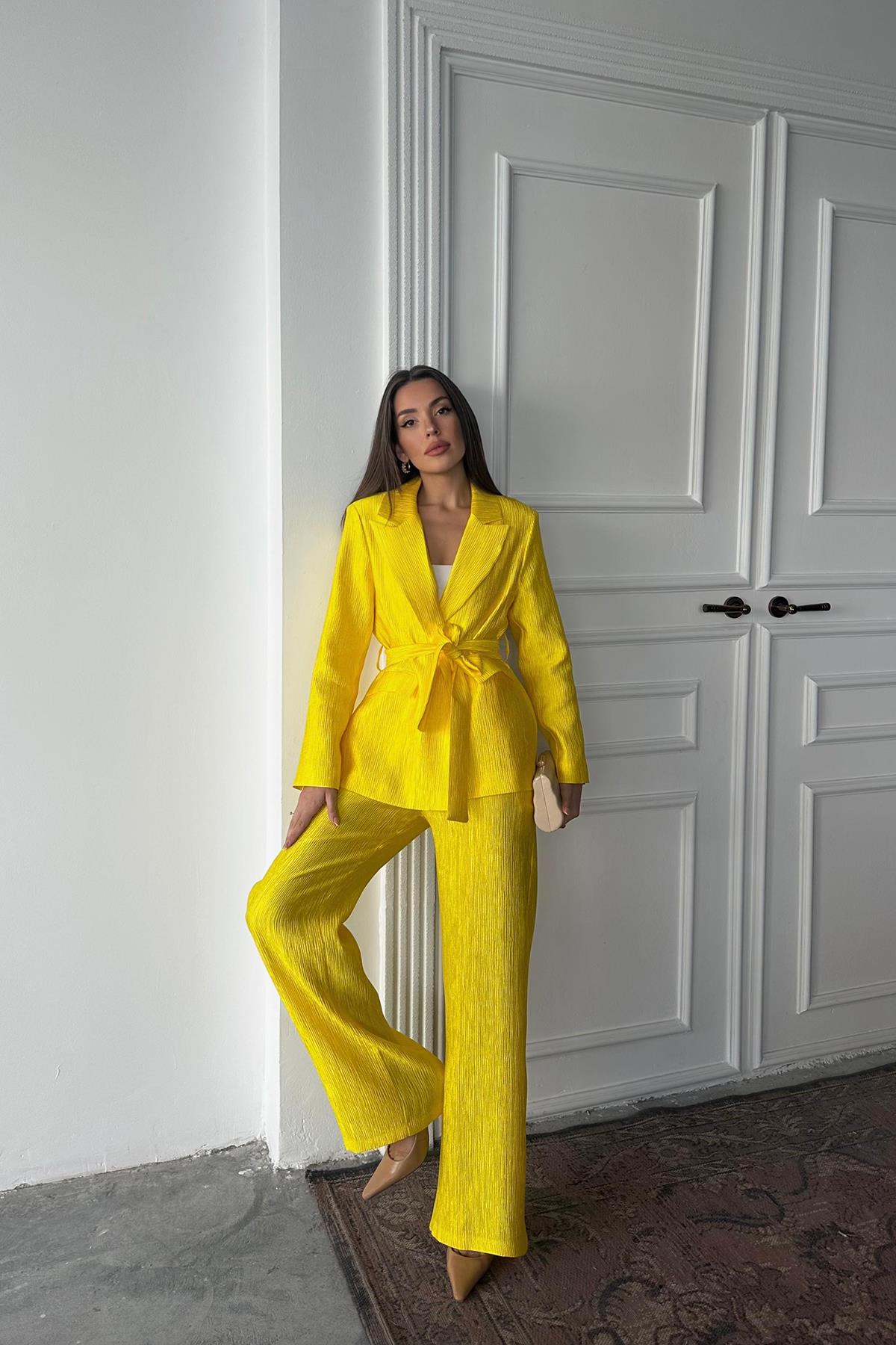 Toptan Neon Beli Kuşaklı Ceket Ve Pantolon Parlak Takım