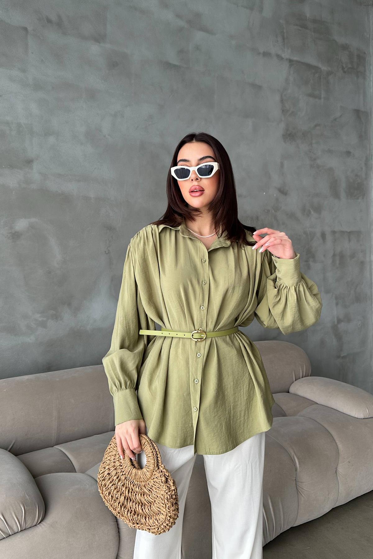 Toptan Olive Kemer Detaylı Modal Gömlek Olive STD