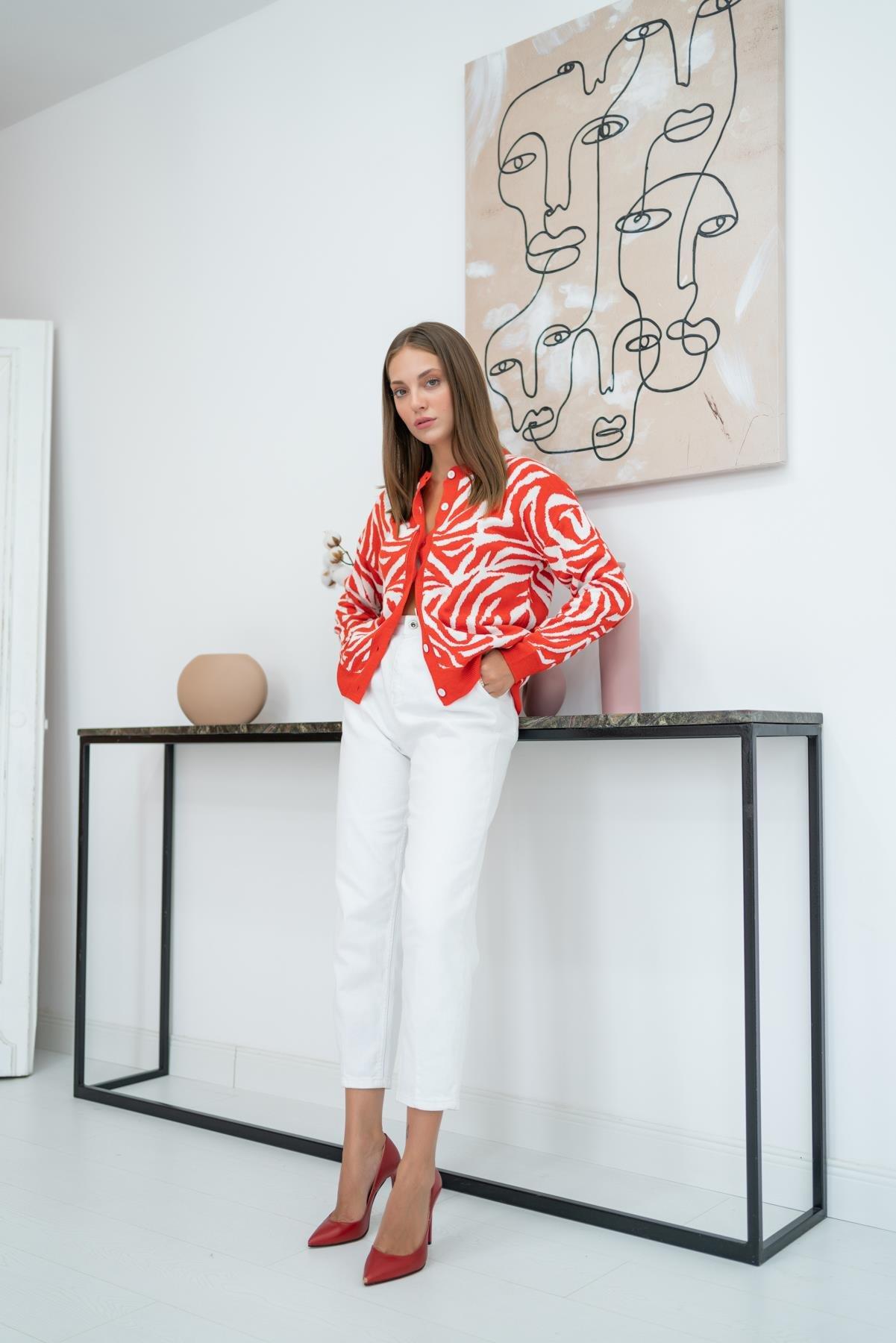 Toptan Oranj Desenli Ve Düğmeli Kısa Hırka Oranj STD