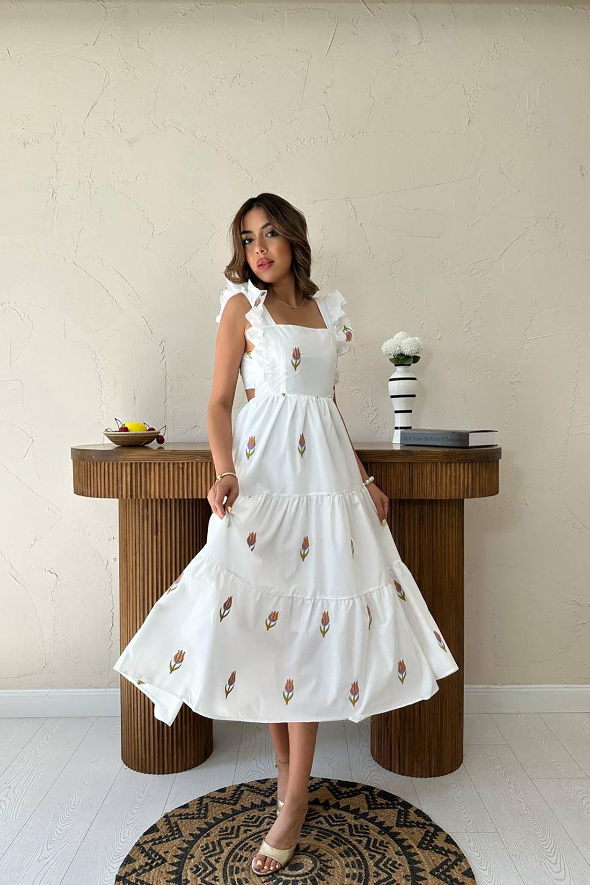 Toptan Oranj Sıfır Kol Fırfırlı Elbise Oranj L